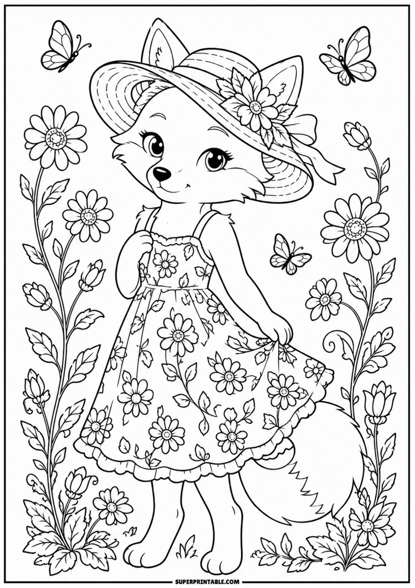 A vintage style coloring page of a cute fox character wearing a floral sundress and a large straw sunhat with a flower, surrounded by tall daisies and butterflies.