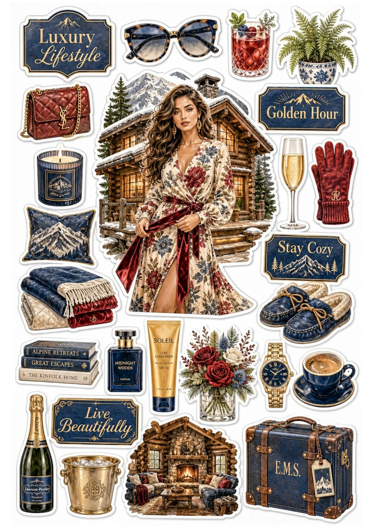 A burgundy sticker sheet showing a woman in a floral wrap dress, stone fireplace, red handbag, shearling slippers, and champagne.