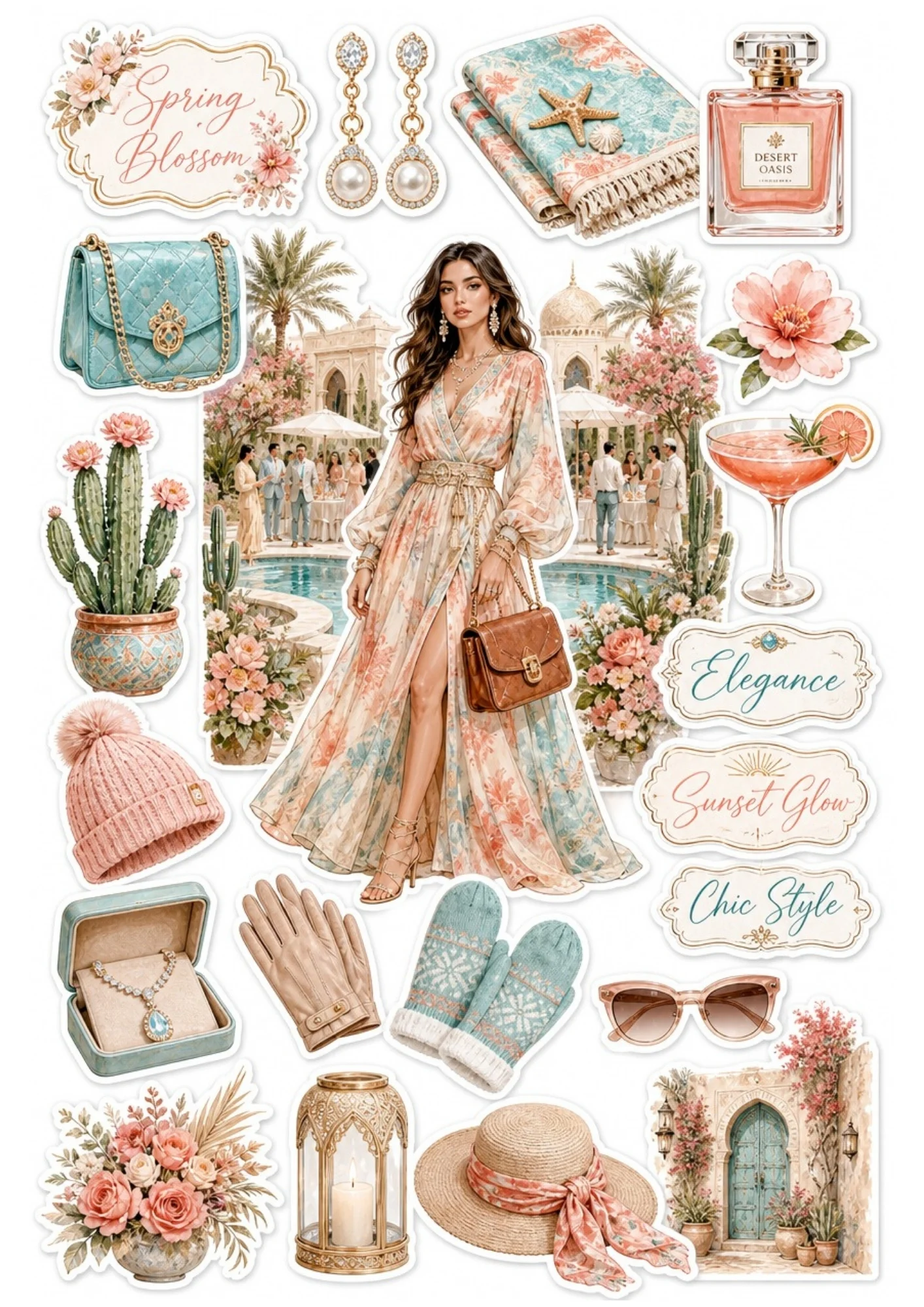 Printable sticker sheet with a woman in a floral wrap maxi dress by a pool courtyard, pink beanie, mint handbag, straw hat, and flowering cactus.