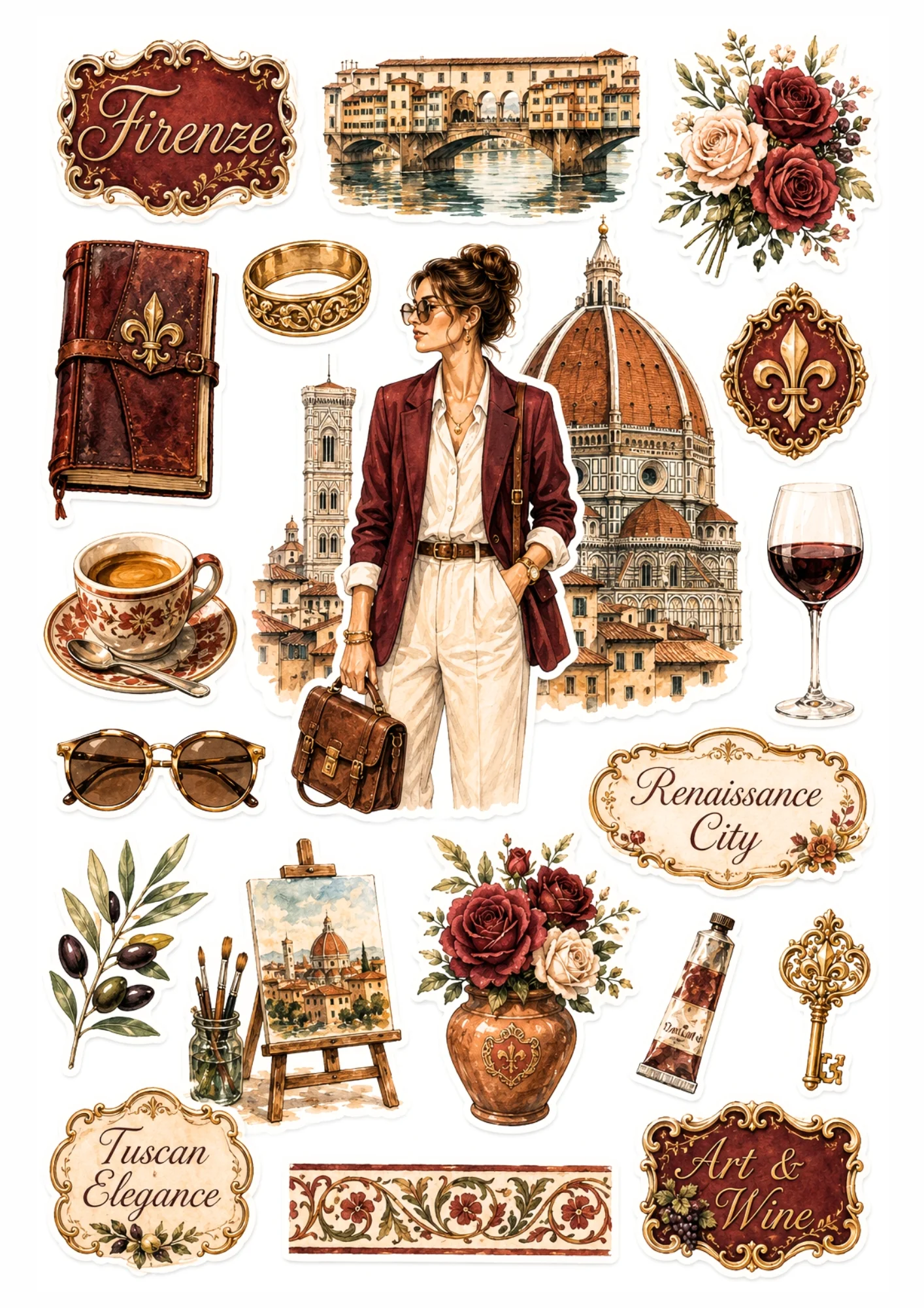Printable sticker sheet showing a stylish woman in a burgundy blazer before Florence Duomo, Ponte Vecchio, art easel, and fleur-de-lis journal.