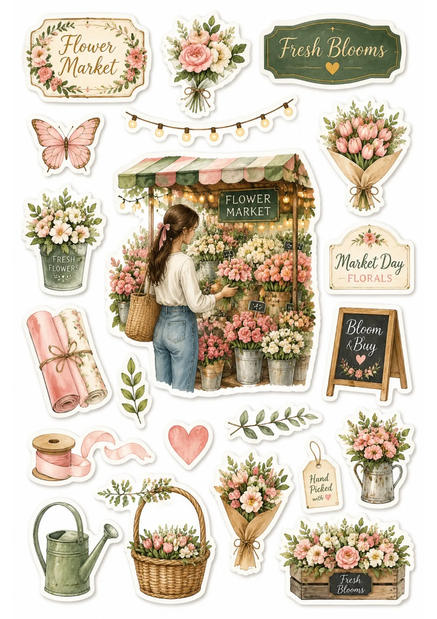 Flower market sticker collection with a woman buying tulips, flower buckets, watering cans, wrapped bouquets, and floral signs.