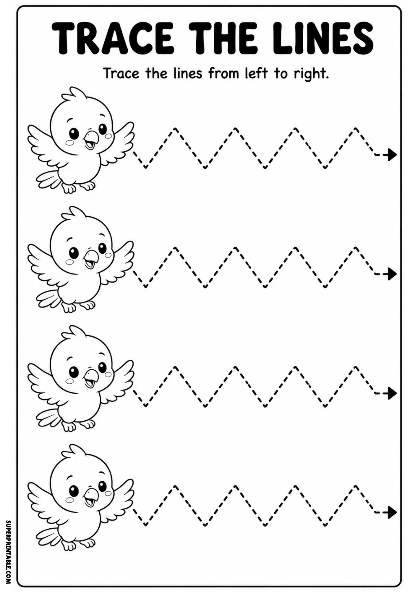 Worksheet featuring four flying cartoon birds with sharp zigzag dashed lines pointing right for kids to trace.
