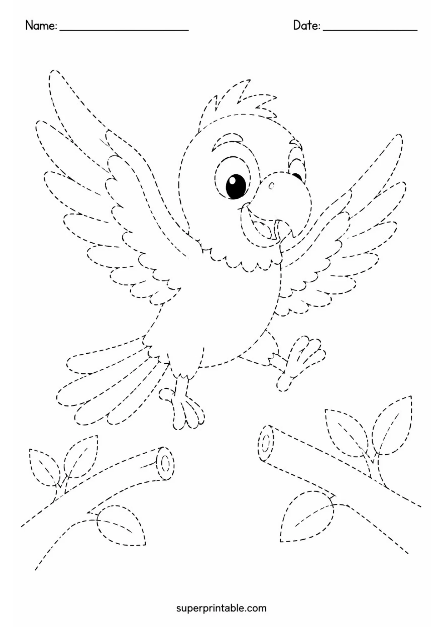 Black and white activity sheet showing a playful cartoon parrot flying with open wings above leafy tree branches, drawn with dotted tracing outlines.