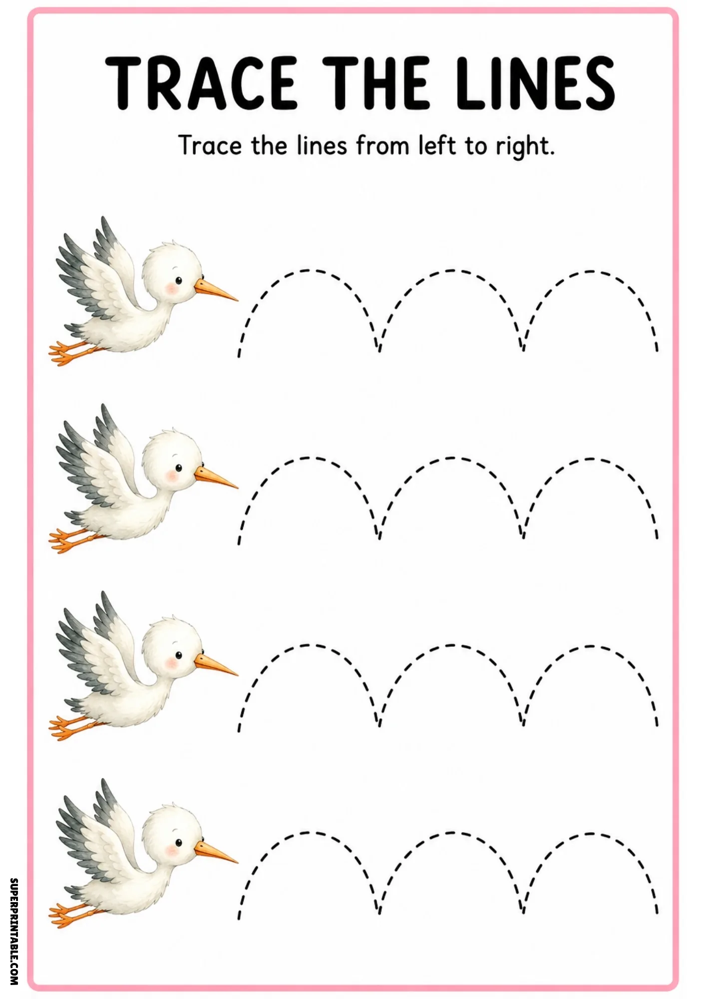Flying stork line tracing sheet with four storks in flight and wide arching dashed lines.