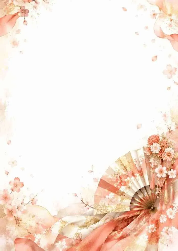 Watercolor border page showing a traditional folding fan on pink kimono fabric with cherry blossoms and tassels.