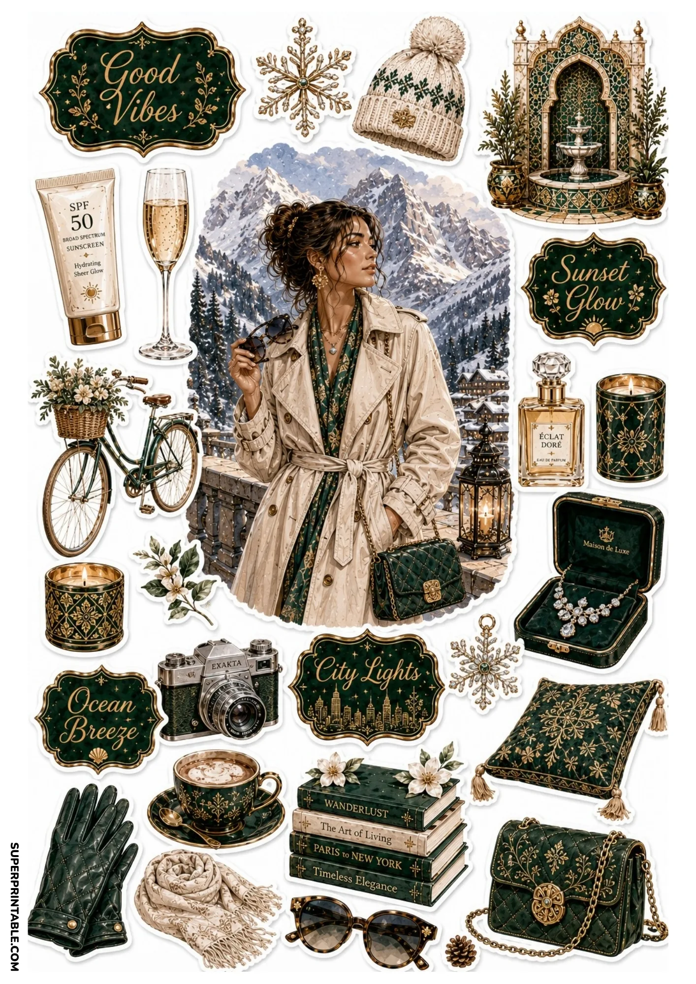 Forest green printable sticker sheet with alpine mountain balcony scene, vintage camera, green tile fountain, and travel accessories.