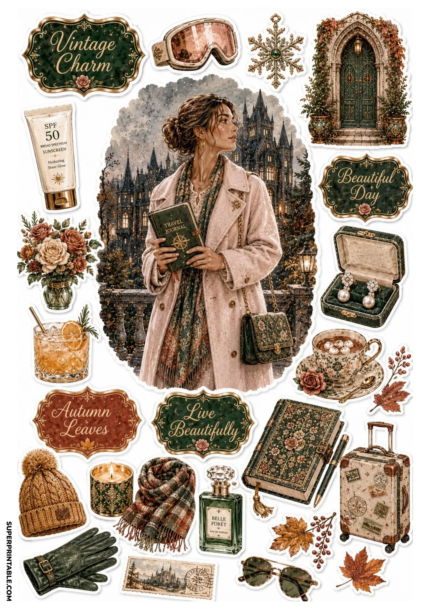 Forest green and autumn brown sticker sheet with castle background traveler, vintage suitcase, travel journal, and autumn leaves.