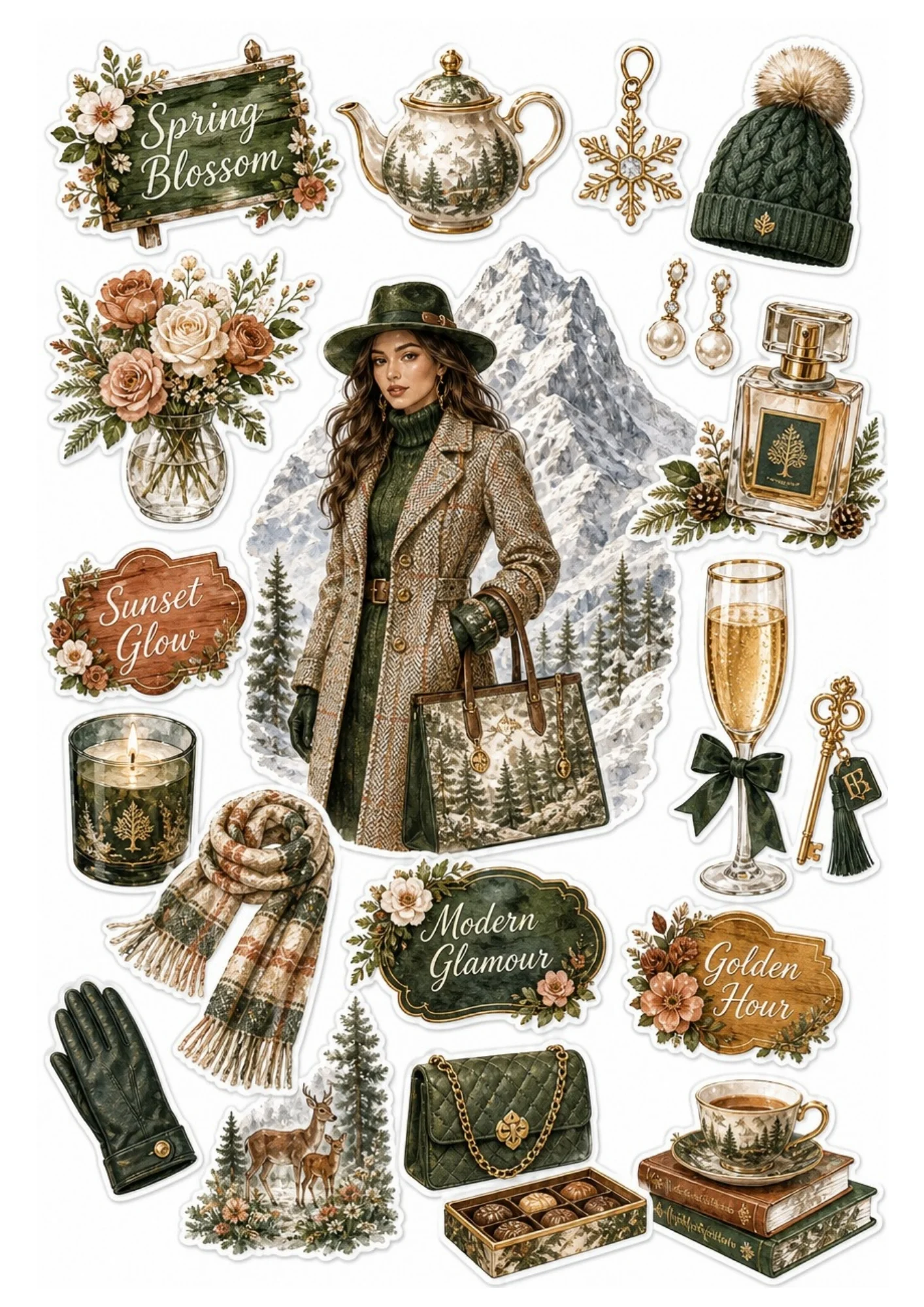 Sticker collection showing a woman in a green coat near mountain deer.