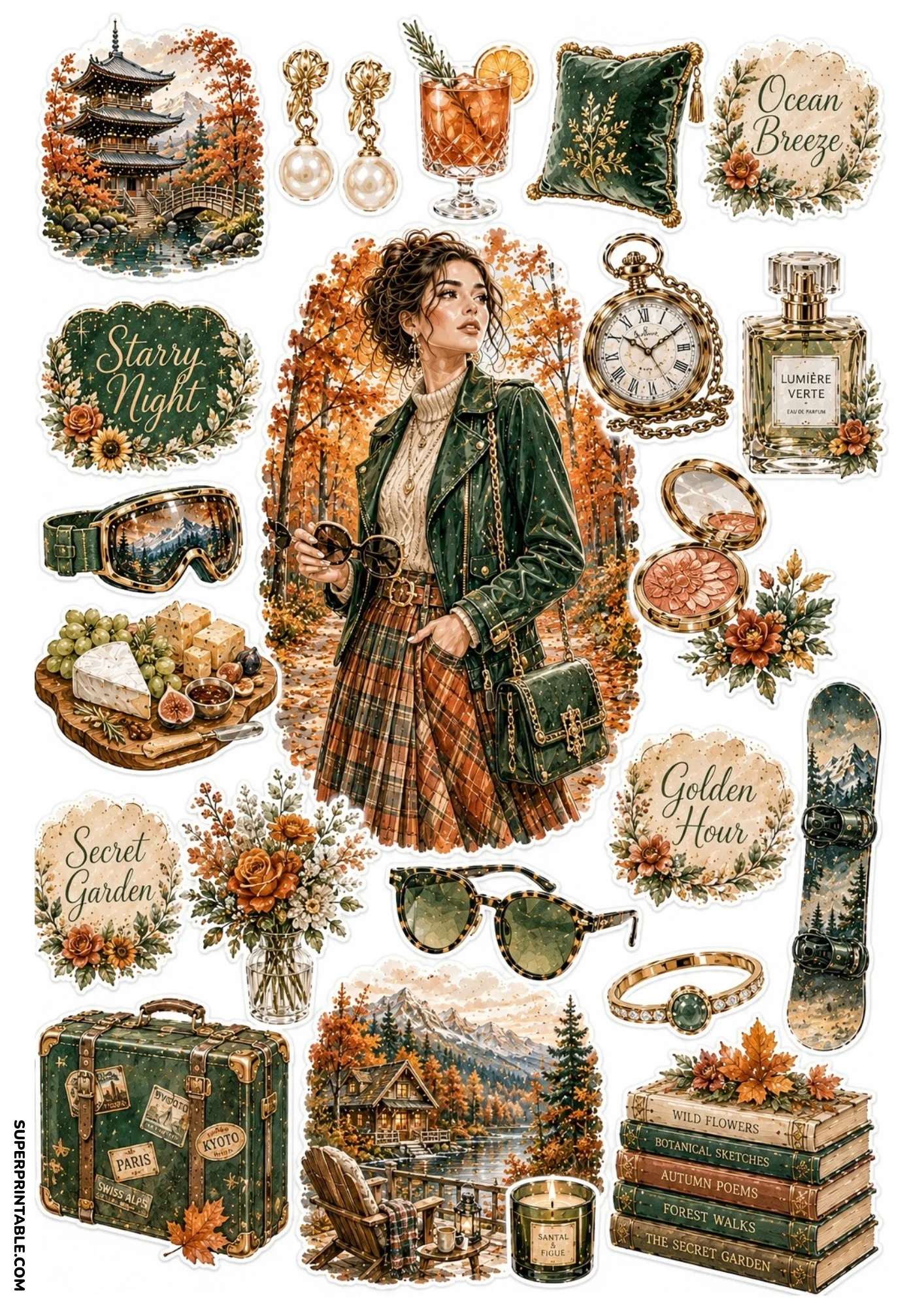 Forest green sticker sheet featuring a pagoda with orange autumn trees, woman in green leather jacket, suitcase with Kyoto label, and cabin lake scene.