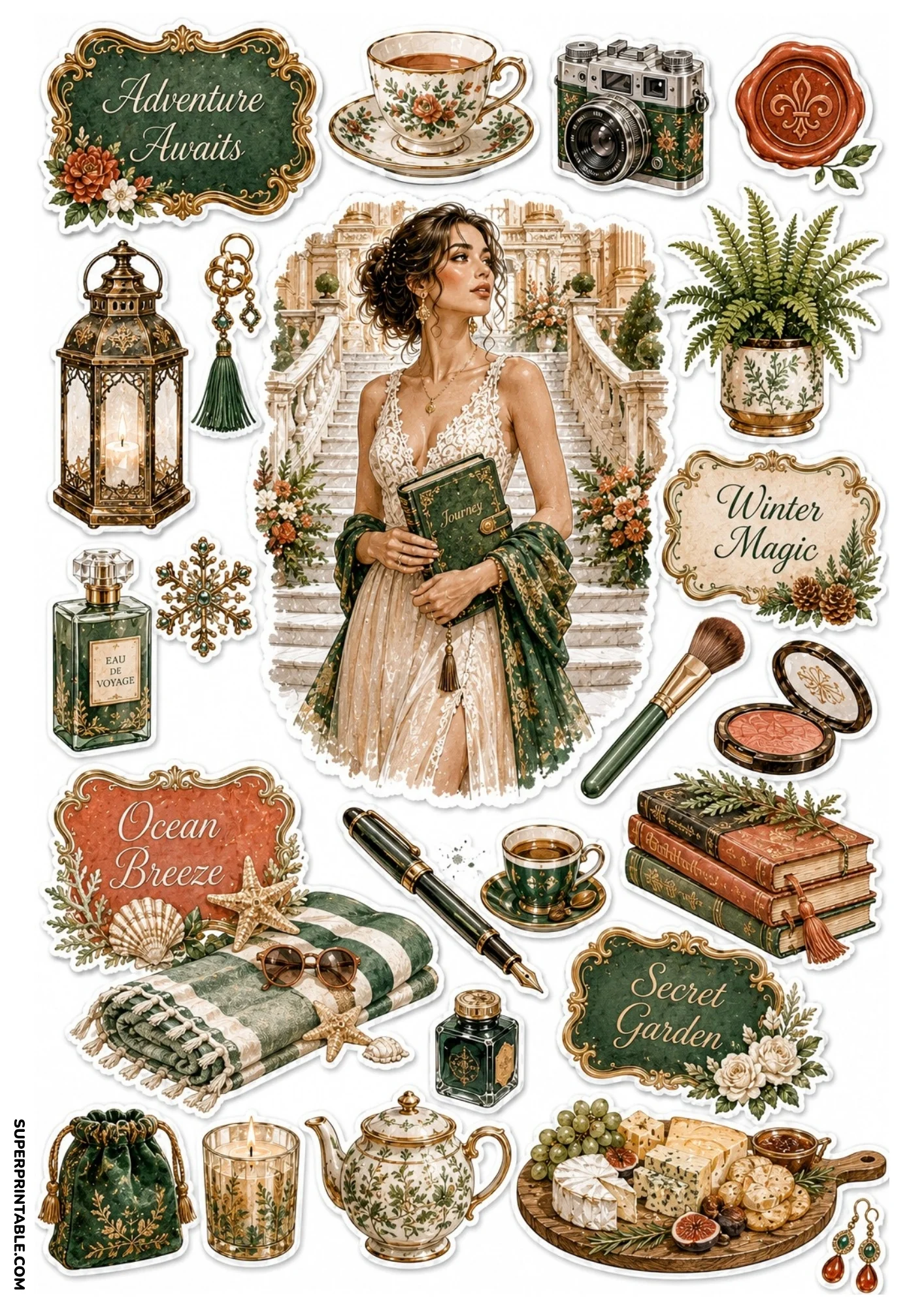 Forest green sticker collection depicting a woman on marble stairs holding a notebook, tea set, potted plant, stack of books, and cheese board.
