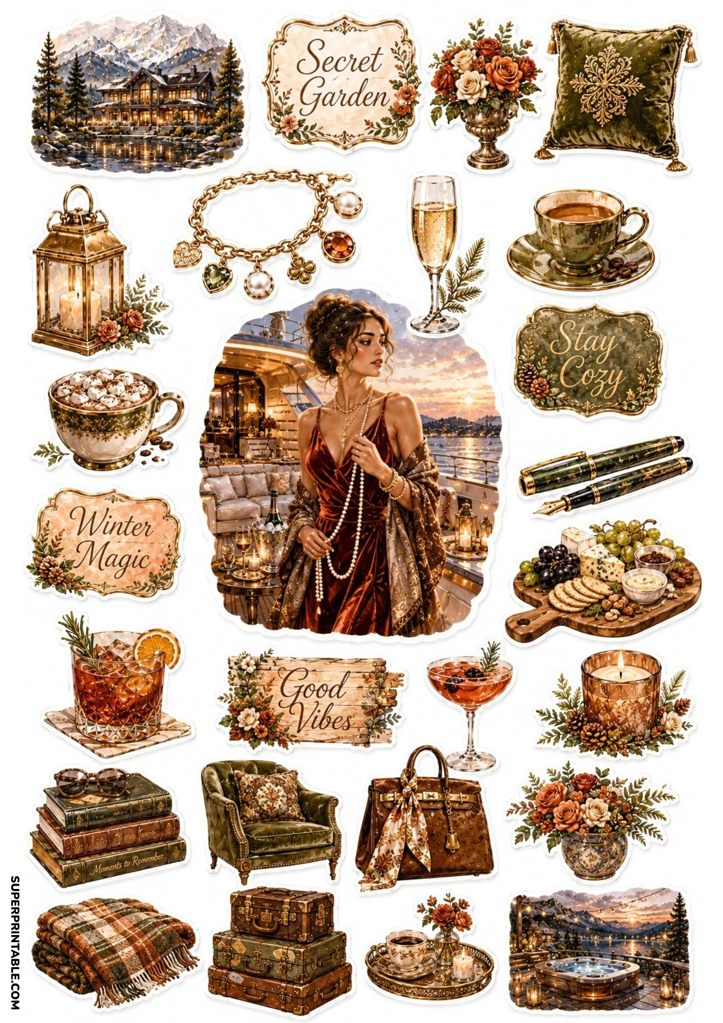 Printable sticker sheet in deep forest green and rust tones showing a woman on a luxury yacht, charcuterie board, leather handbag, vintage pens, and jacuzzi terrace.