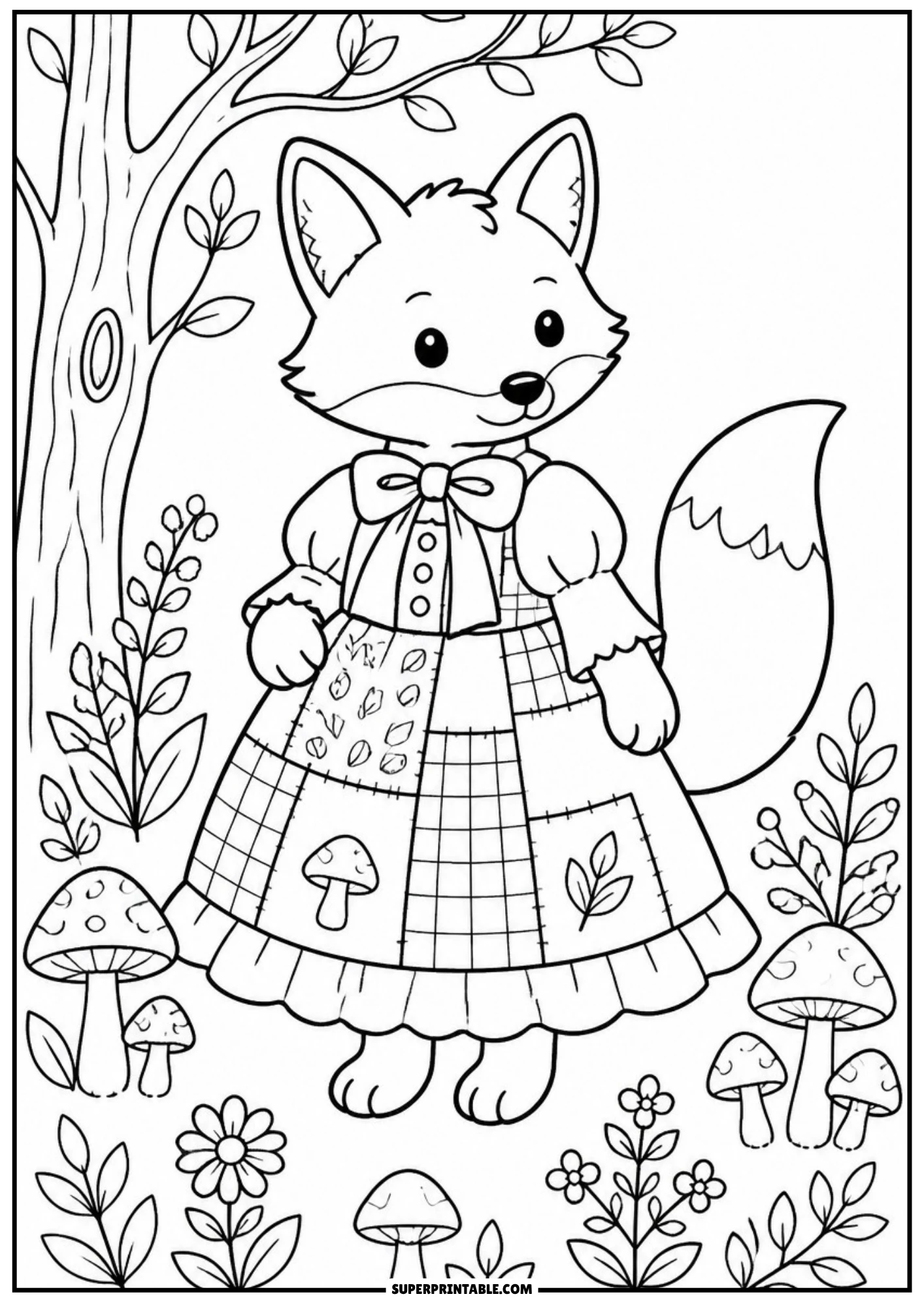 A vintage style coloring page of a cute fox wearing a forest-themed patchwork dress with a mushroom print, standing under a leafy tree trunk next to wild mushrooms, flowers, and plants.