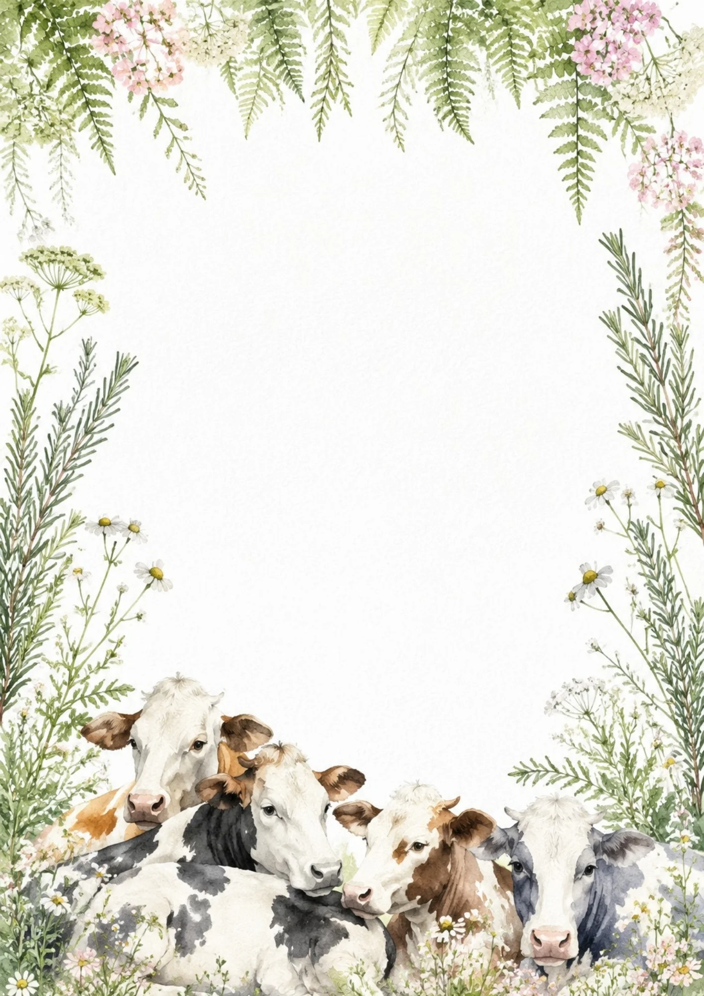 Watercolor stationery page displaying four cows resting together in a field of wildflowers, framed by tall green foliage and ferns.