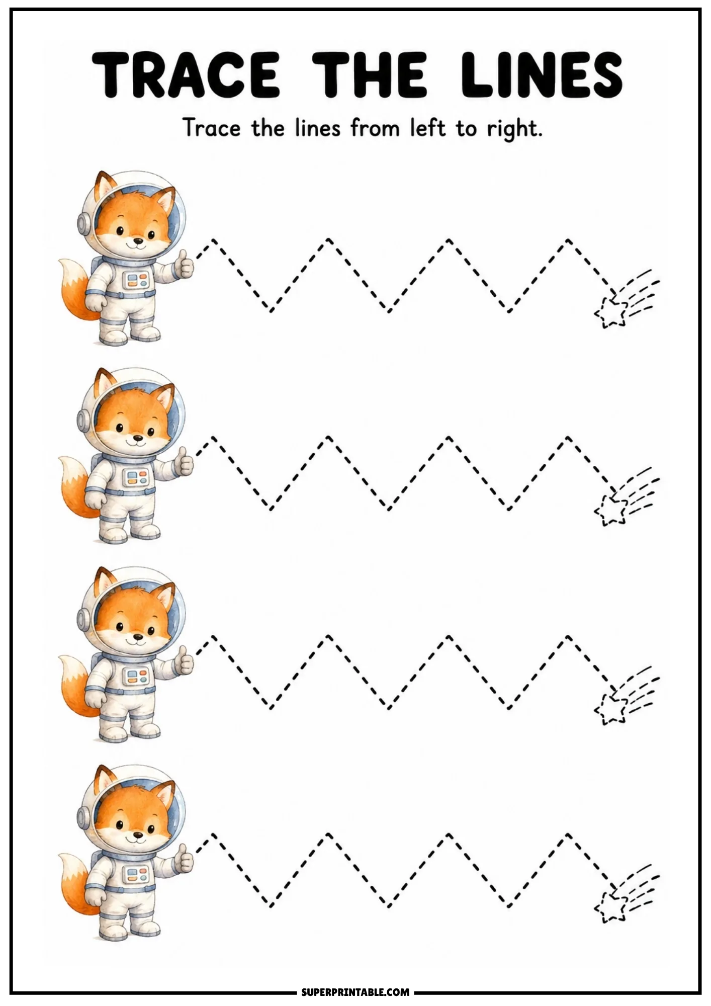 Line tracing activity featuring orange fox astronauts giving thumbs-up and zigzag paths to stars.