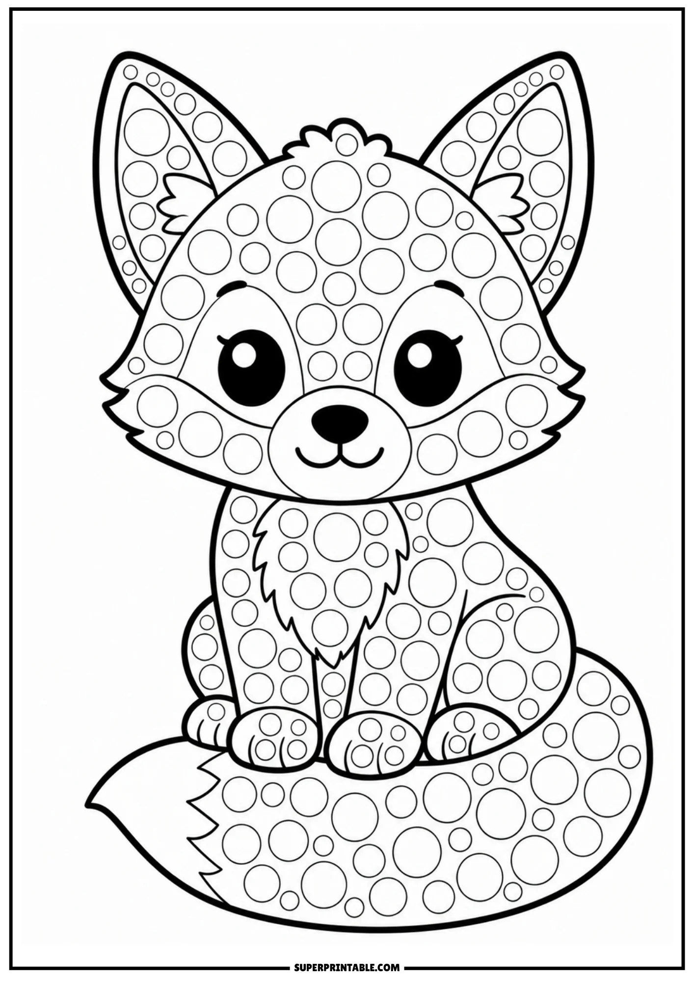 A cute cartoon fox sitting down with a fluffy tail, smiling and covered in circular dot markers.