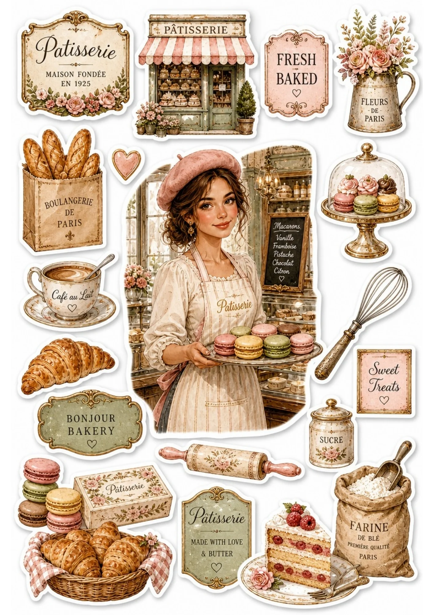 A girl in a beret holding a tray of colorful macarons inside a French patisserie. Surrounding stickers include paper bags with baguettes, baskets of croissants, sugar jars, and text saying 'Patisserie' and 'Boulangerie de Paris'.