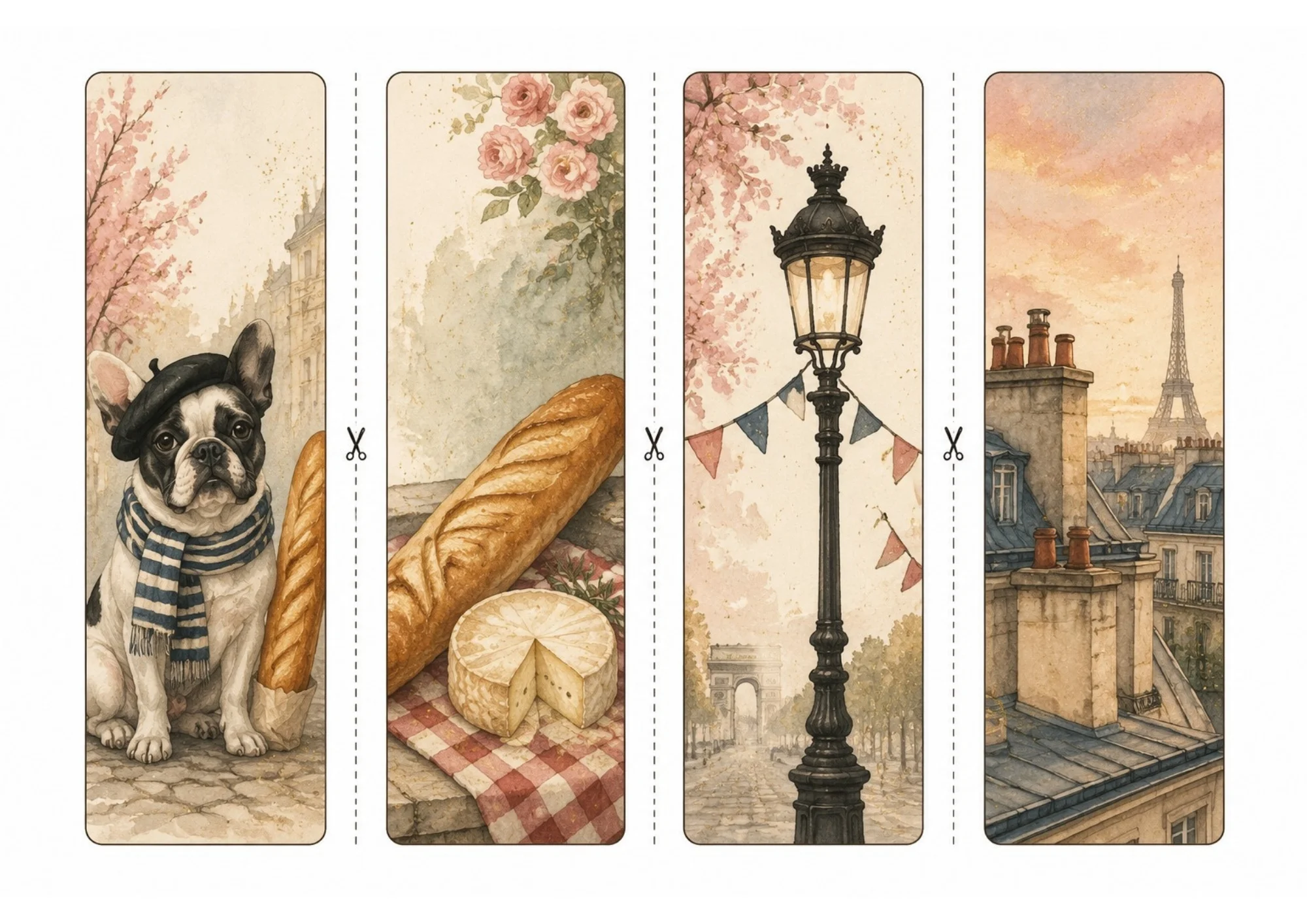 Printable sheet of four vertical watercolor bookmarks featuring a French Bulldog in beret, baguette with Brie cheese, street lamp with bunting, and Paris rooftop chimneys.