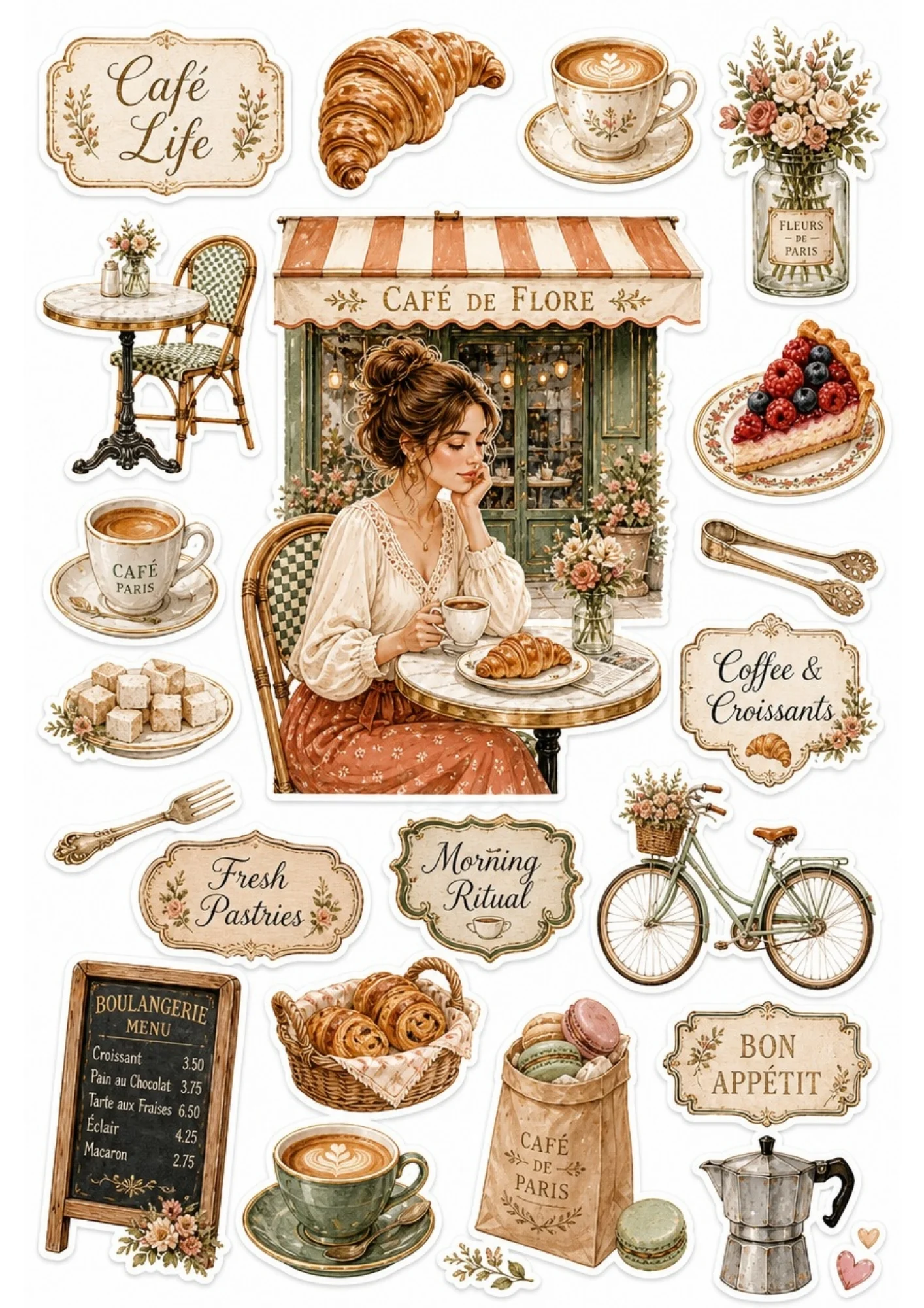 A girl sitting outside a French cafe named Cafe de Flore holding a coffee cup. Surrounding stickers include croissants, a fruit tart, a vintage bicycle, and text saying 'Cafe Life' and 'Coffee & Croissants'.
