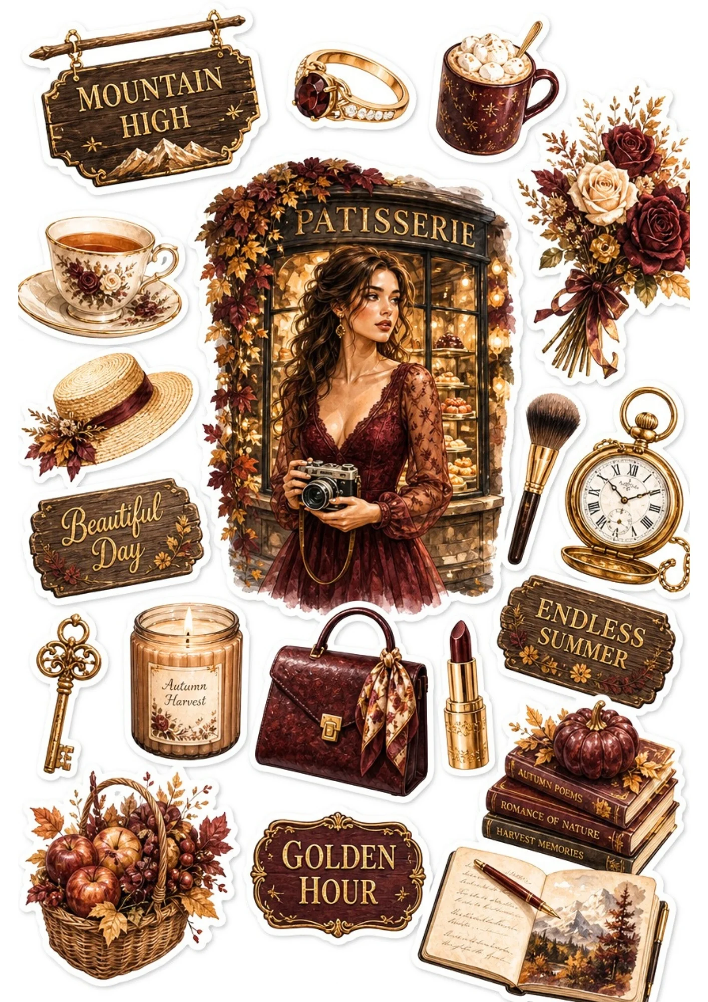 An aesthetic printable sticker sheet with a woman holding a camera in front of a warm bakery, featuring hot cocoa mugs, burgundy roses, keys, and stacks of fall books.