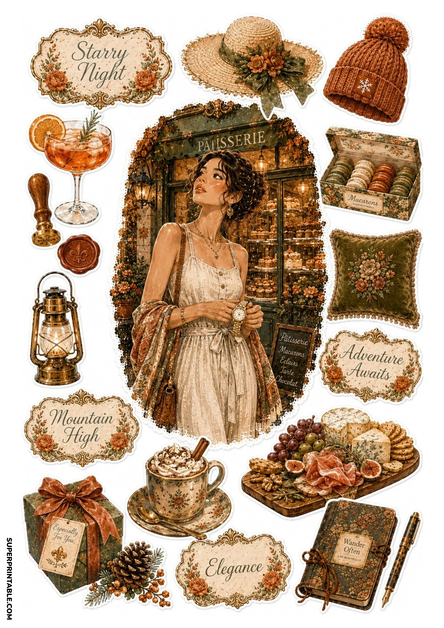 Printable sticker sheet featuring a woman outside a French bakery display of pastries, accompanied by a charcuterie board, macarons box, and lantern.