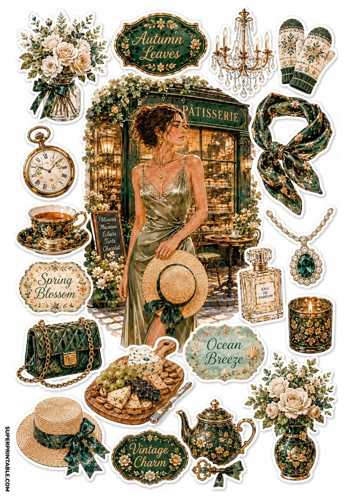 Sticker sheet featuring a woman outside a bakery store with vintage green tea set and fashion accessories.