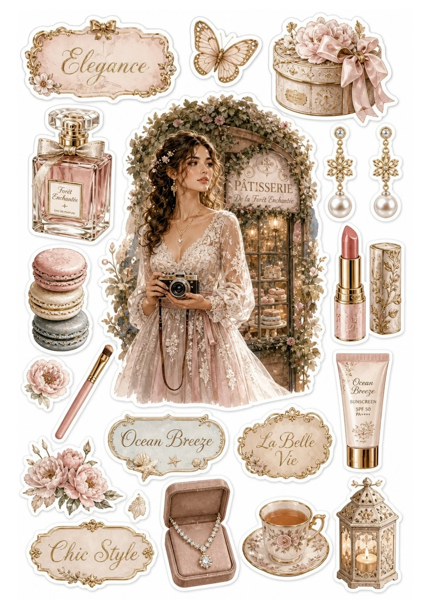 Sticker sheet centered on a woman in a lace dress outside bakery.
