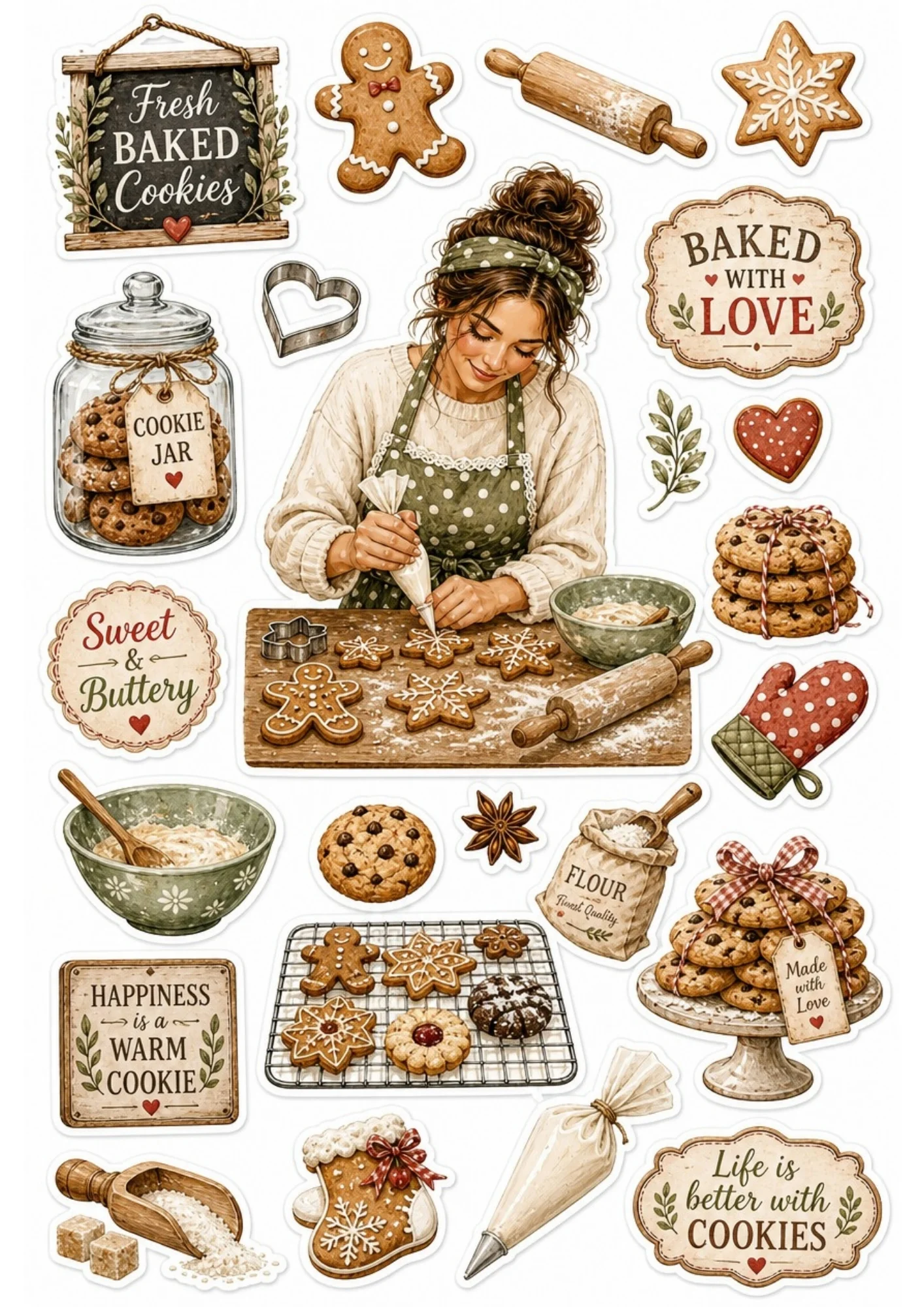 A girl piping icing onto cookies. Surrounding stickers include gingerbread men, rolling pins, cookie jars filled with chocolate chip cookies, and text saying 'Fresh Baked Cookies' and 'Baked With Love'.