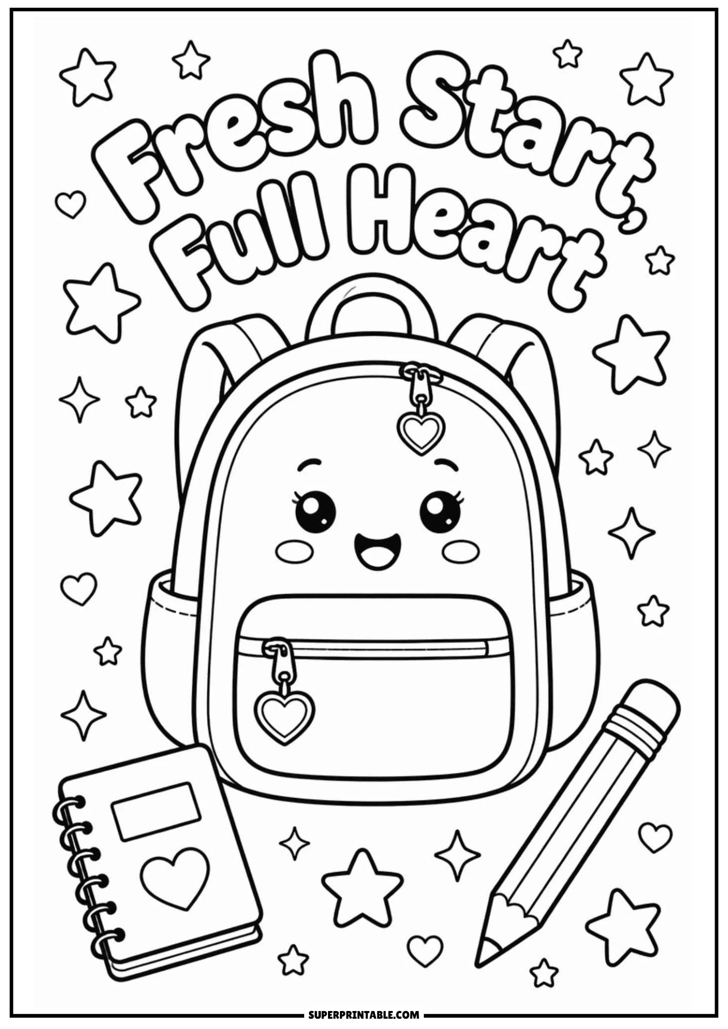 A school backpack with heart zipper pulls beside a notebook and pencil surrounded by stars and hearts, featuring the title Fresh Start, Full Heart.
