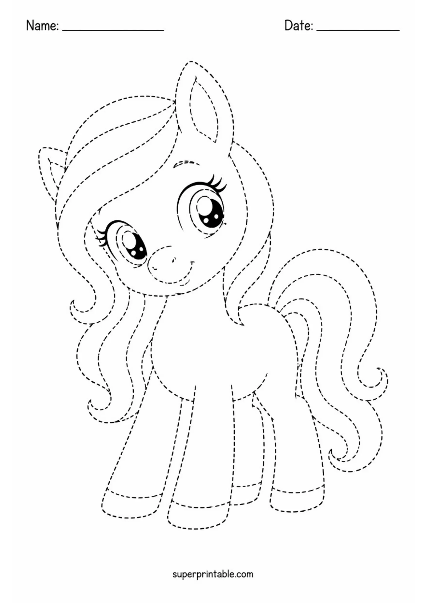 Educational line tracing sheet featuring a friendly standing pony with head tilted sideways, rendered in black dashed outline format for kids.