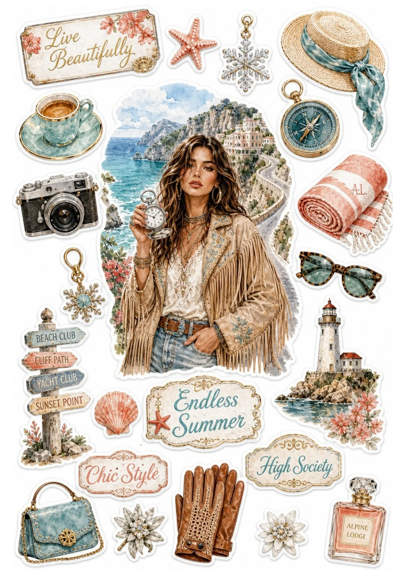 A coastal teal sticker sheet with a woman in a fringe jacket, rocky lighthouse, perforated leather gloves, and vintage camera.