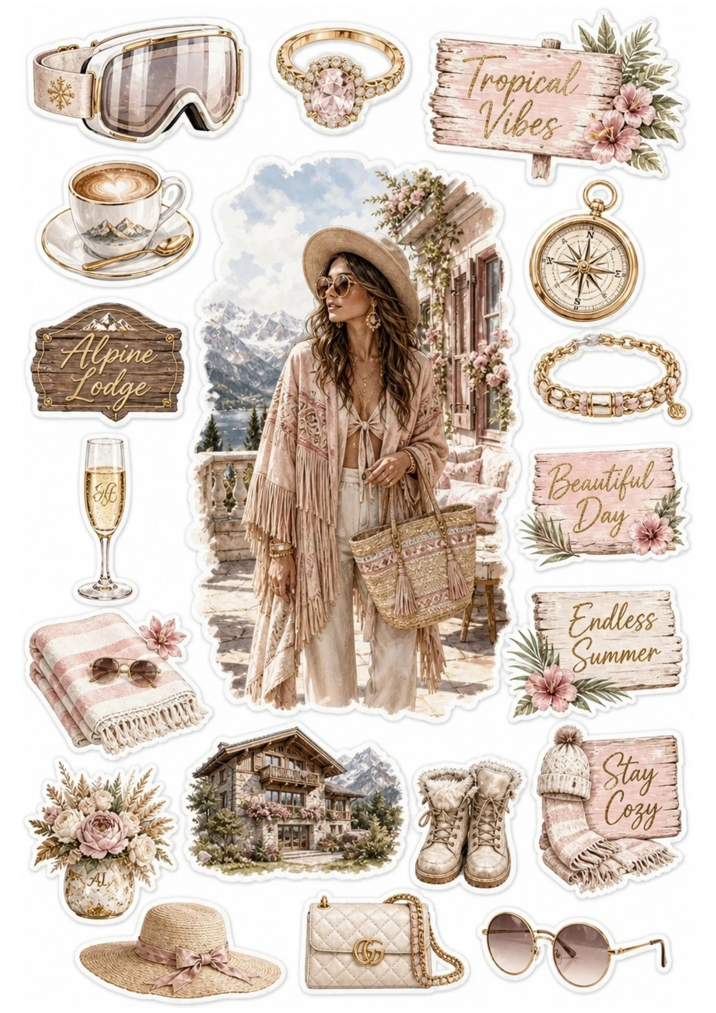 A cream sticker sheet featuring a woman in a fringed cardigan, latte cup with art, beige winter boots, and straw tote bag.