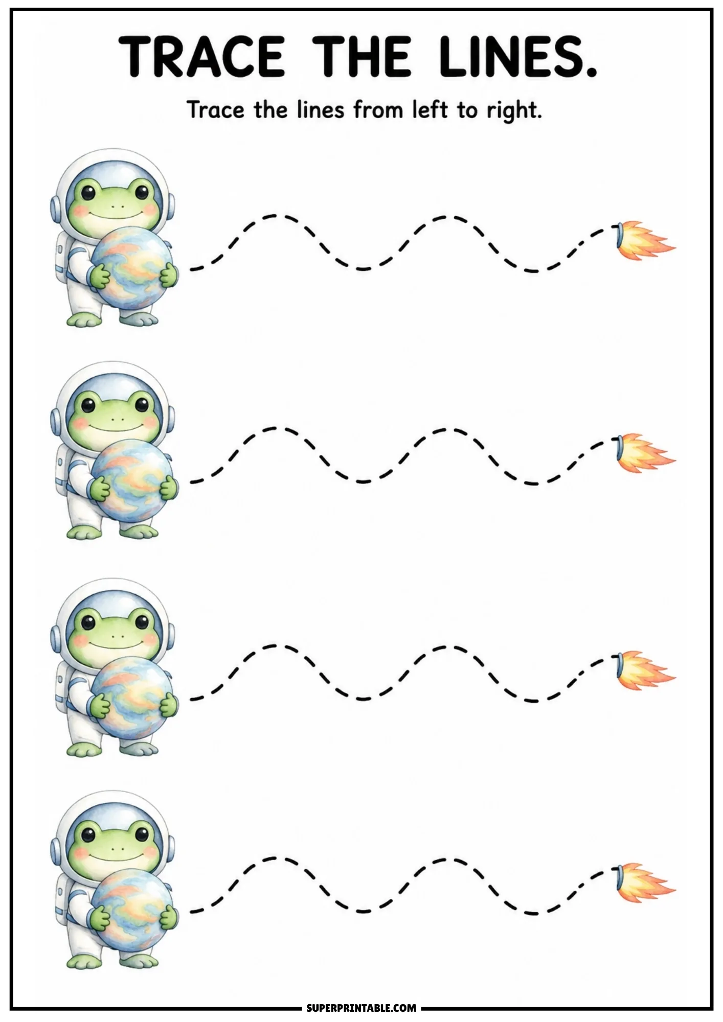 Color tracing sheet with green frog astronauts holding Earth connected by wavy lines to rocket flames.