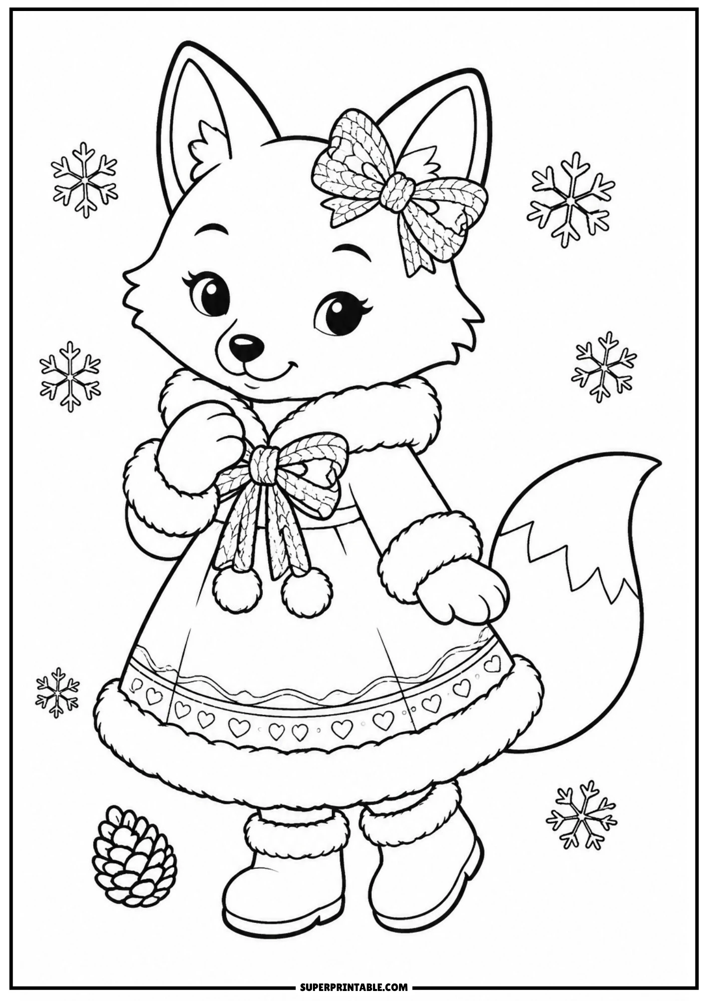 A vintage style coloring page of a cute fox wearing a winter coat with fluffy fur trim, a large ribbon bow, and boots, surrounded by falling snowflakes and a single pine cone on the ground.