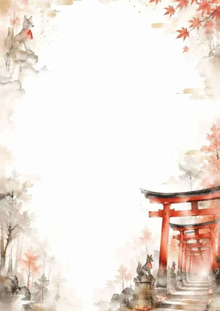 Watercolor border writing page featuring red torii gates and kitsune statues at Fushimi Inari Shrine in autumn.