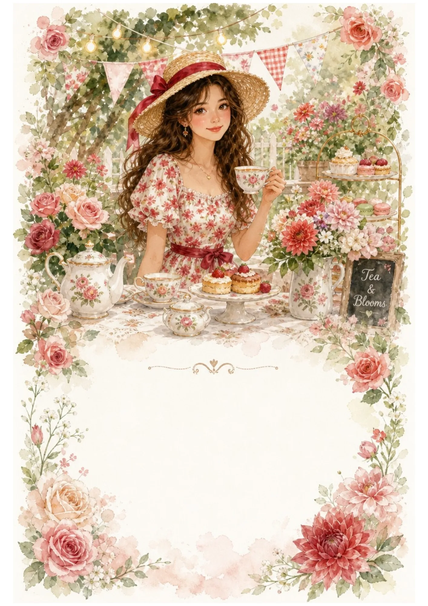 Watercolor scene of a woman at a garden tea party surrounded by roses, teapots, and pastries, with a floral border and a blank space at the bottom.