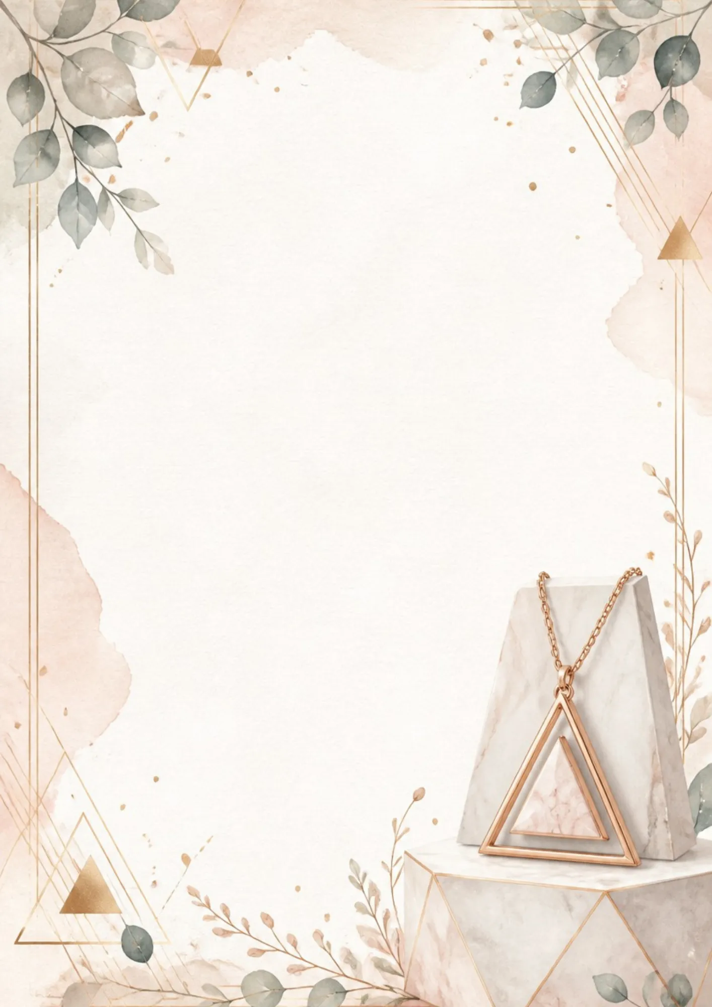 A modern writing page featuring a gold geometric triangle pendant with pink marble inlay, resting on marble pillars with eucalyptus leaves.