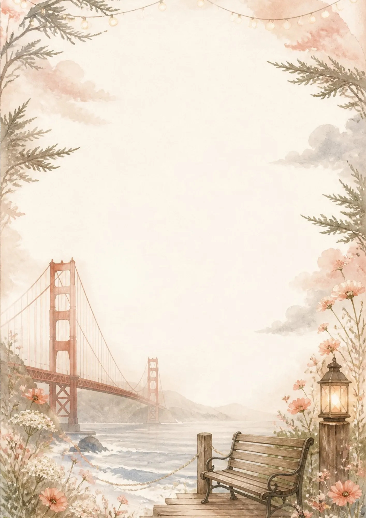 A warm writing page featuring the historic Ghirardelli Square clock tower and chocolate sign in watercolor.