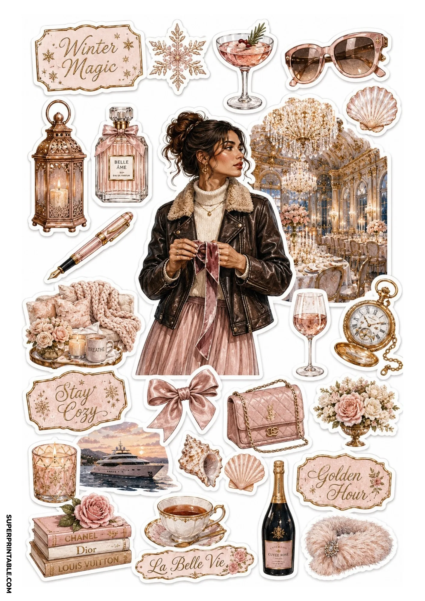Printable sticker sheet with a central woman in a ballroom, surrounded by blush pink stickers including a white yacht at sunset, champagne bottle, designer books, and Winter Magic badges.