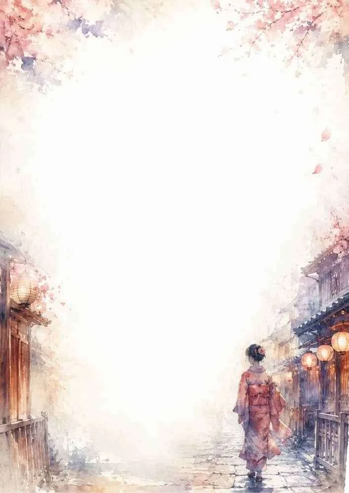 Watercolor border page featuring a woman in a kimono walking down a wet Gion street lined with wooden machiya houses and glowing lanterns.