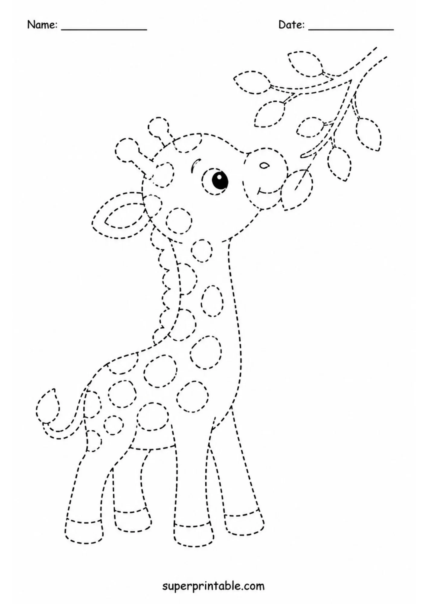 Black dashed outline tracing sheet featuring a baby giraffe calf stretching upward to eat leaves off a leafy tree branch with top Name and Date header lines.