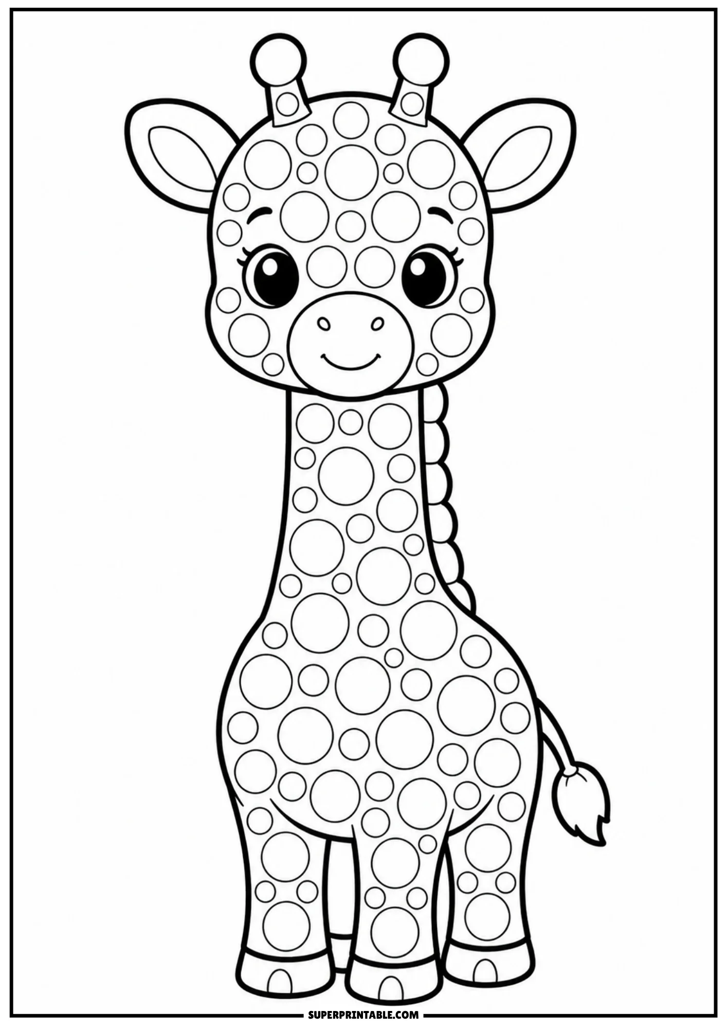 A cute cartoon giraffe standing on all fours with a long neck, covered in circular dot markers.