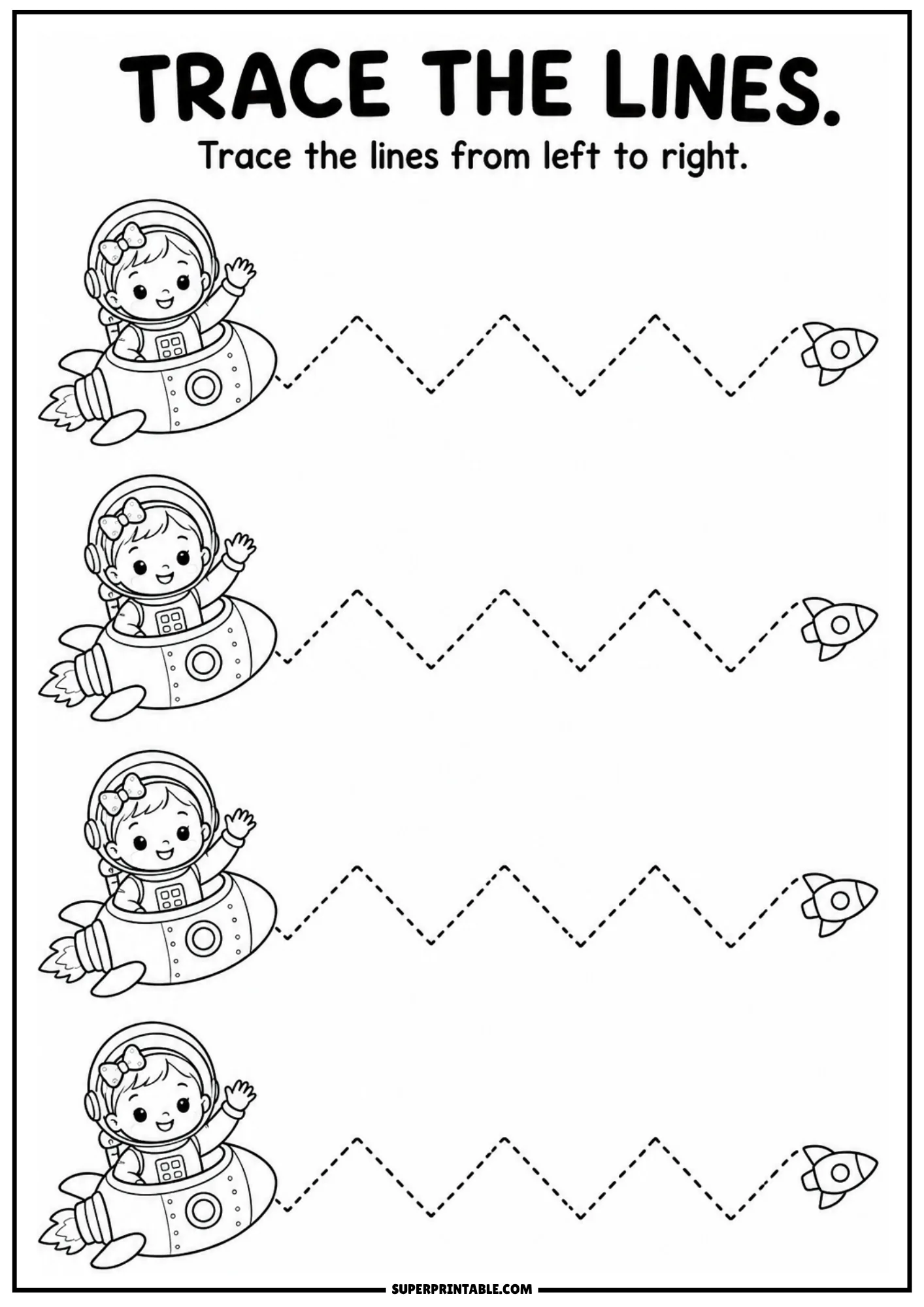 Black-and-white line tracing worksheet featuring girl astronauts in rockets and zigzag dashed paths.