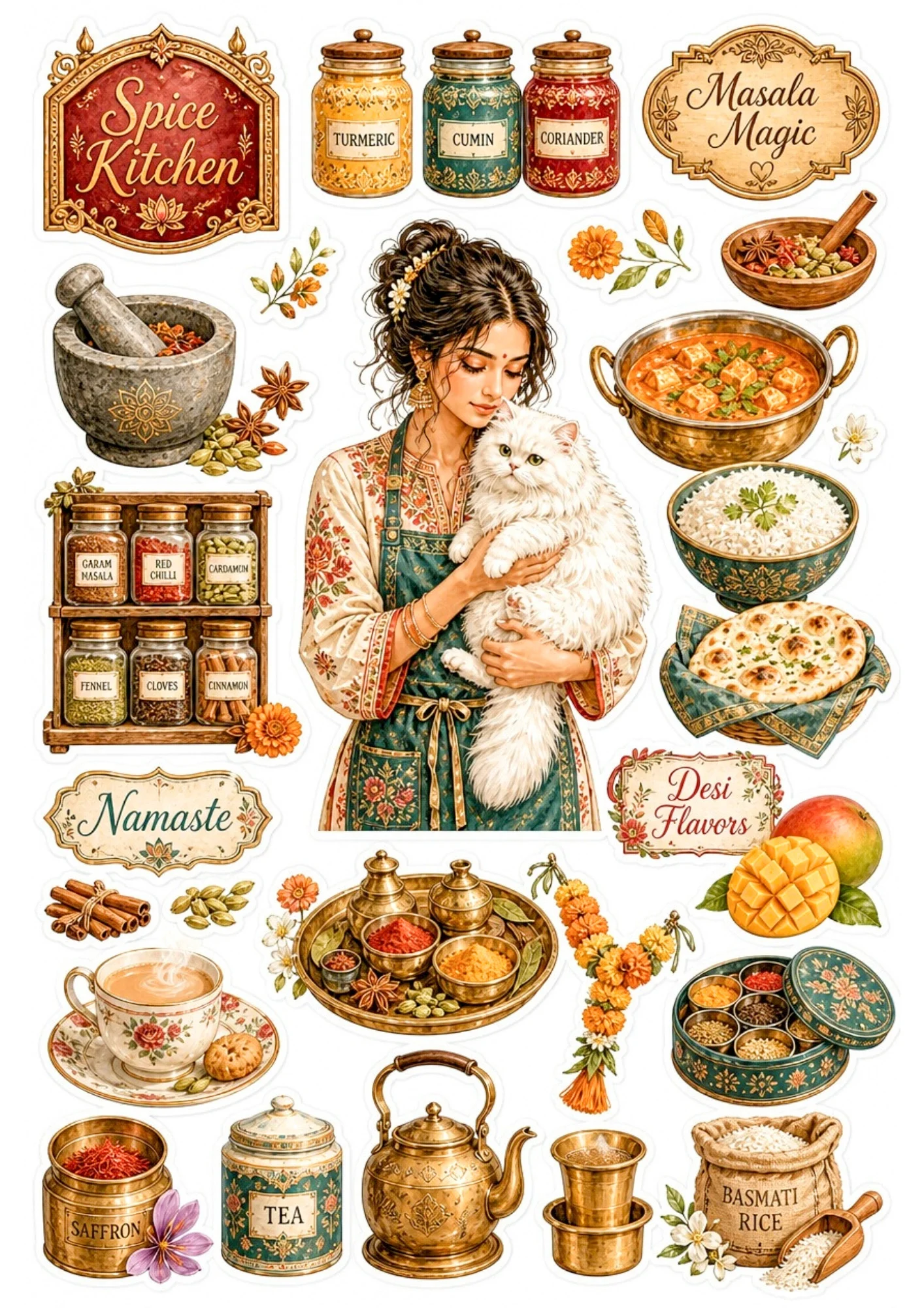 A girl grinding spices in a mortar and pestle with her white cat. Surrounding stickers include colorful jars of spices, chili peppers, cinnamon, and text saying 'Spice Kitchen' and 'Flavor of the World'.