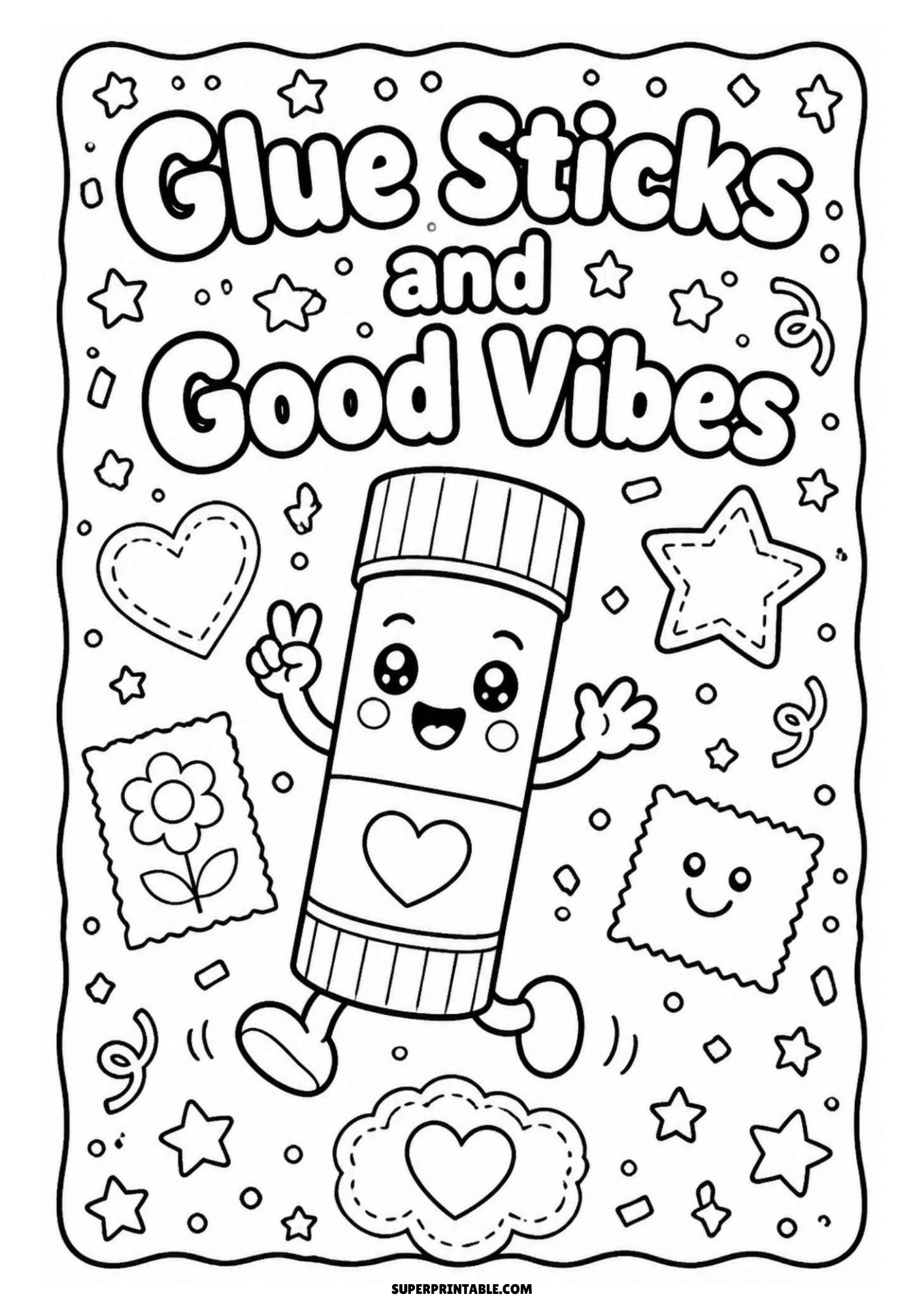 Black and white coloring page of an energetic animated glue stick character flashing a peace sign, surrounded by paper crafts, stamps, stars, and streamers, with the text 'Glue Sticks and Good Vibes'.