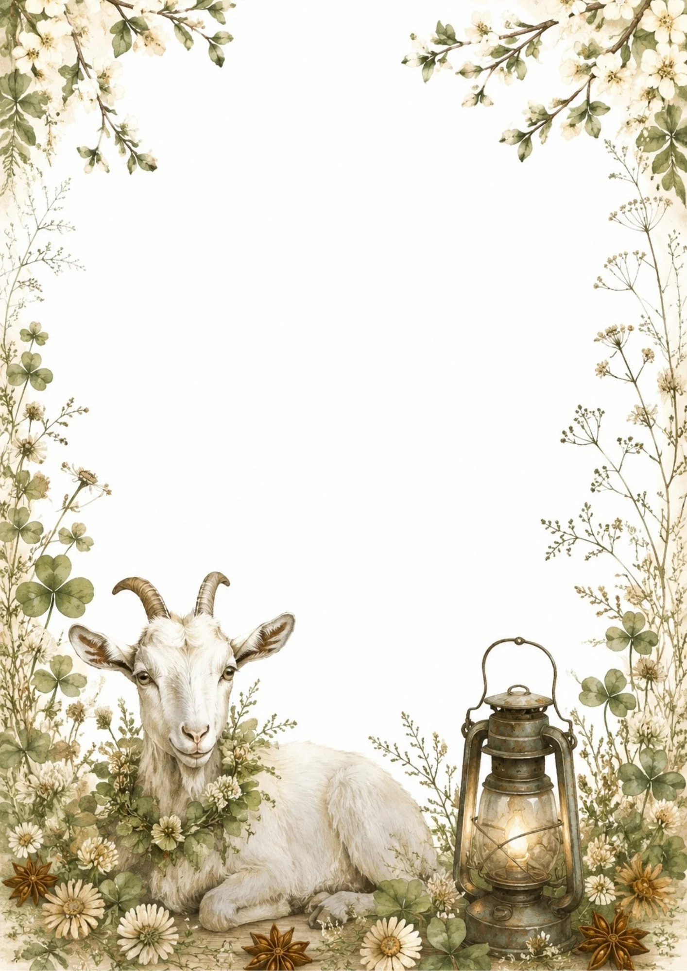 A white goat wearing a green garland rests beside a vintage metal oil lantern.
