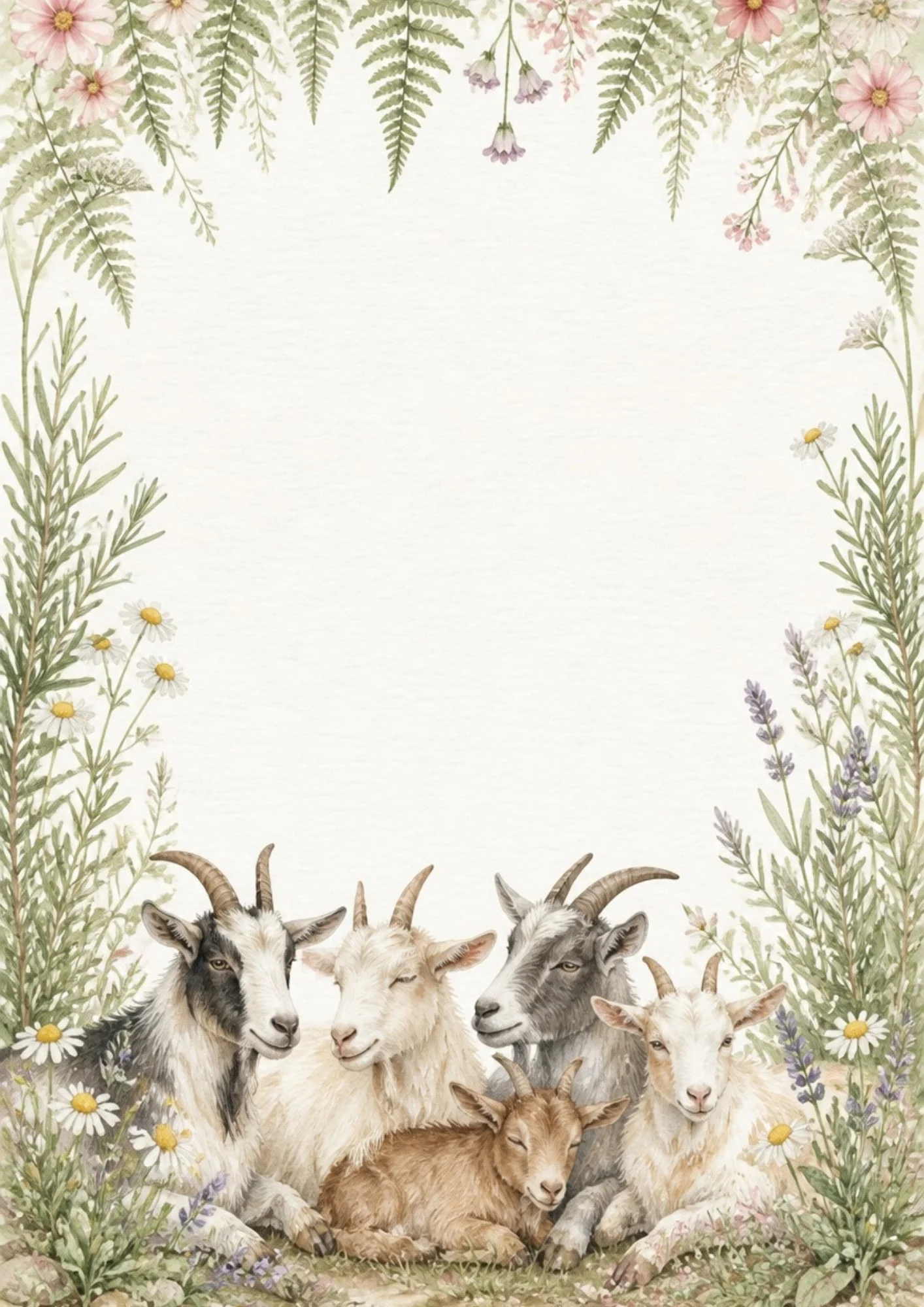 Five goats rest together along the bottom border surrounded by purple lavender stems.
