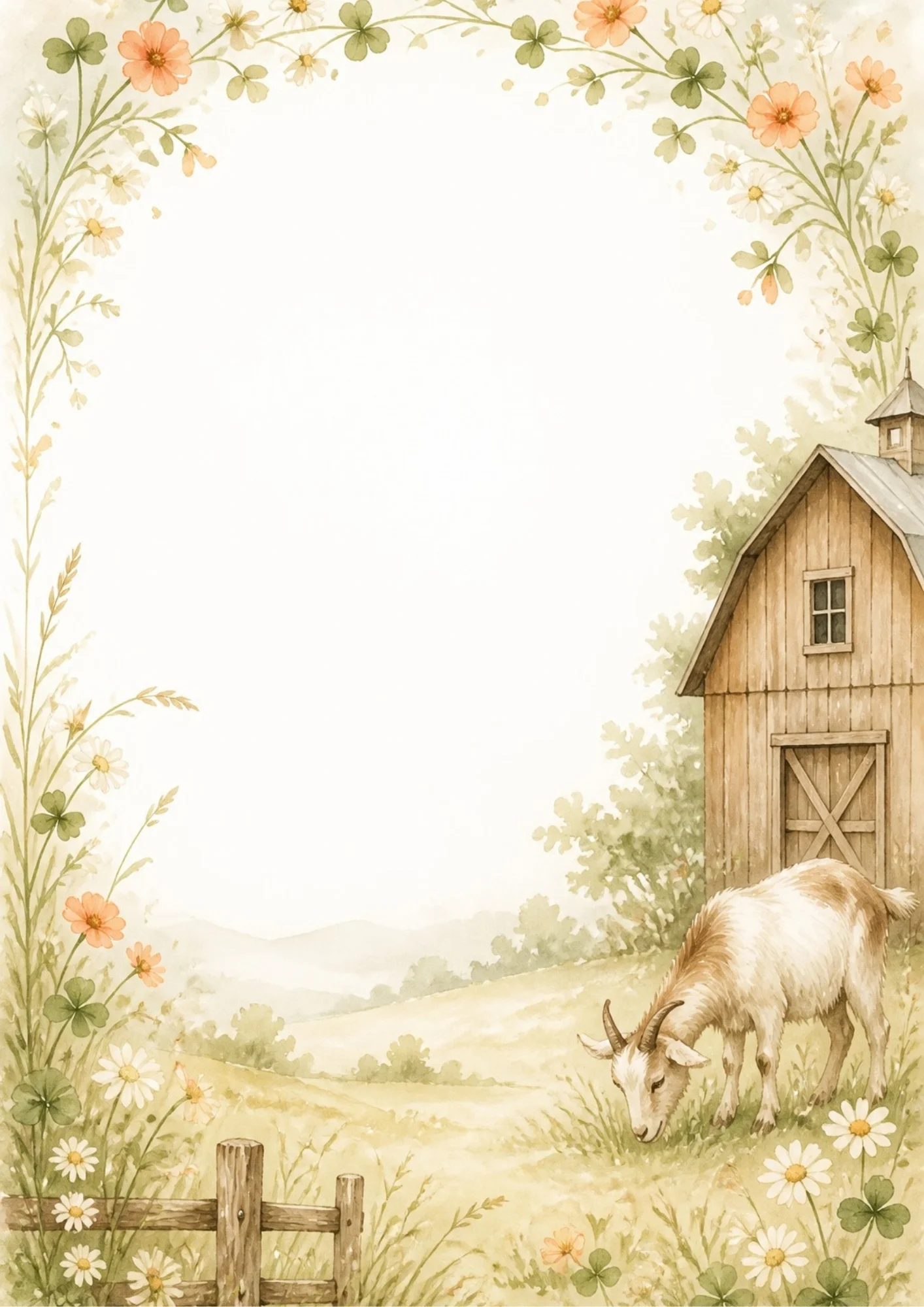 A horned goat grazes on a meadow hill beside a red wooden barn.