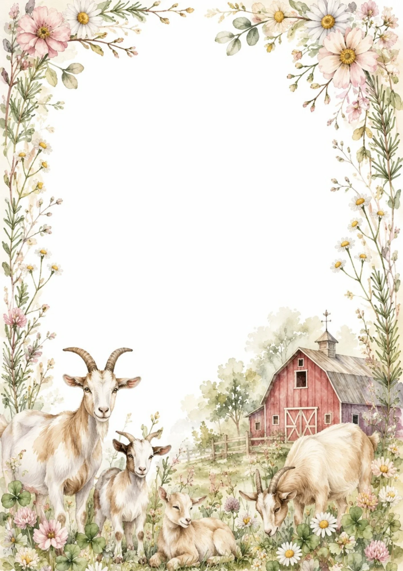 Four goats graze in a field in front of a red wooden farm barn.
