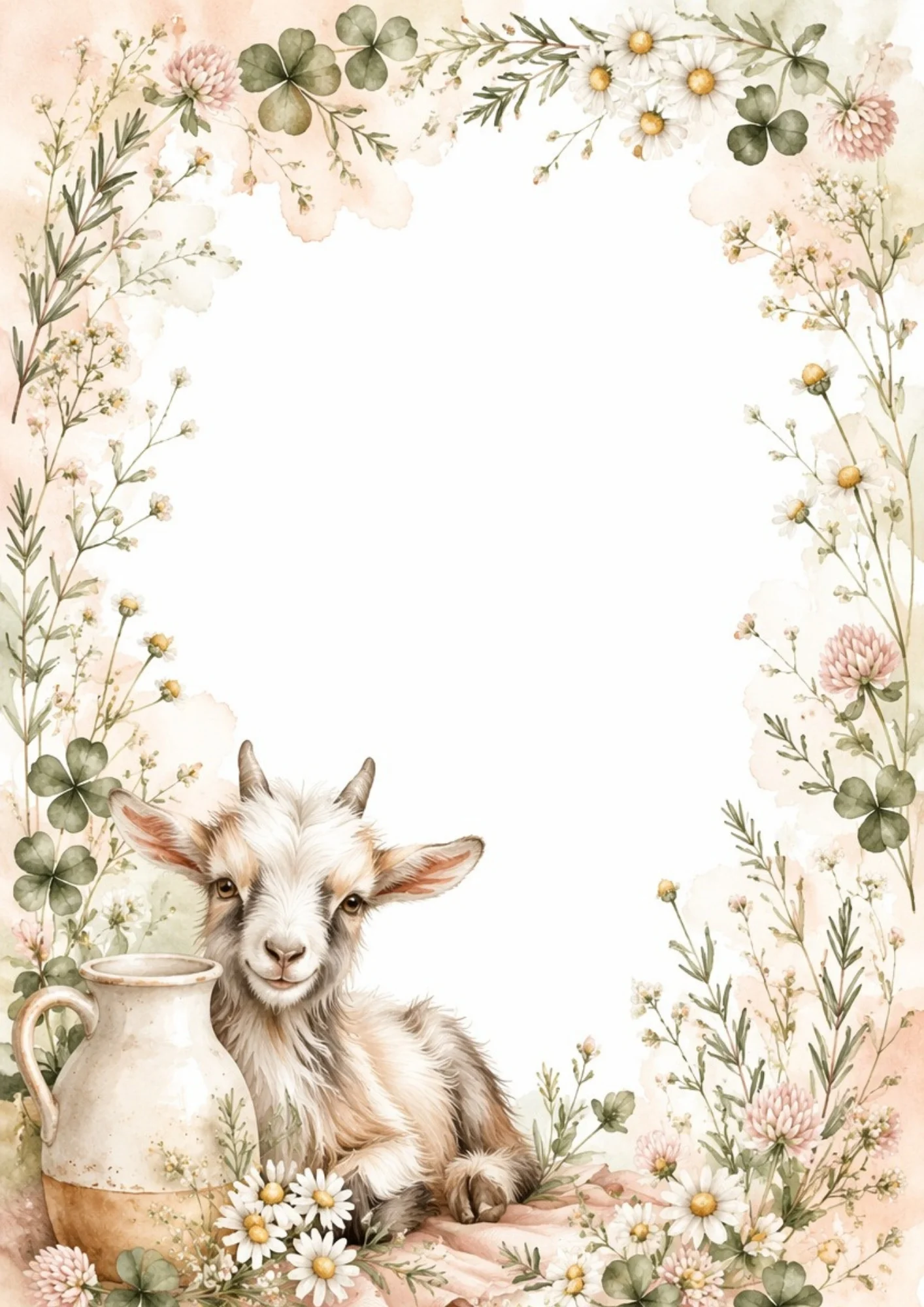 A goat kid sits next to a vintage ceramic milk pitcher with pink clover.