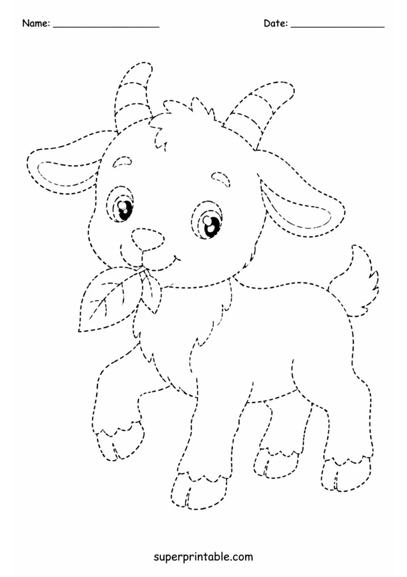 Printable line art tracing page showing a playful cartoon baby goat holding a large leaf in its mouth with dashed tracing line outlines.
